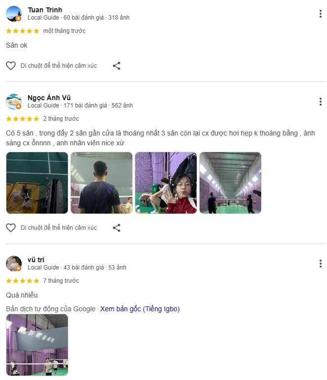 Đánh giá của người chơi tại sân cầu lông Phúc Long Cơ Sở 2 Hà Nội
