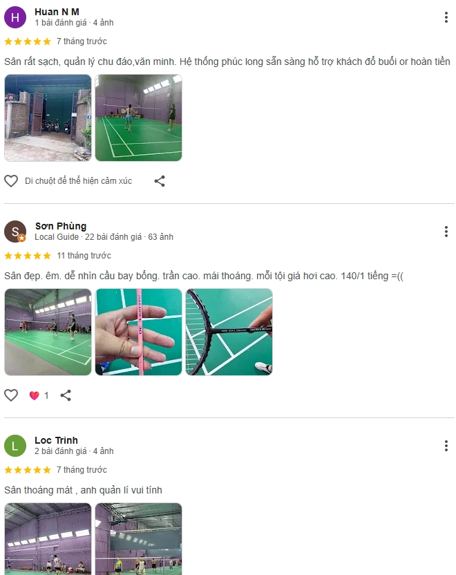 Đánh giá của người chơi tại sân cầu lông Phúc Long Cơ Sở 2 Hà Nội