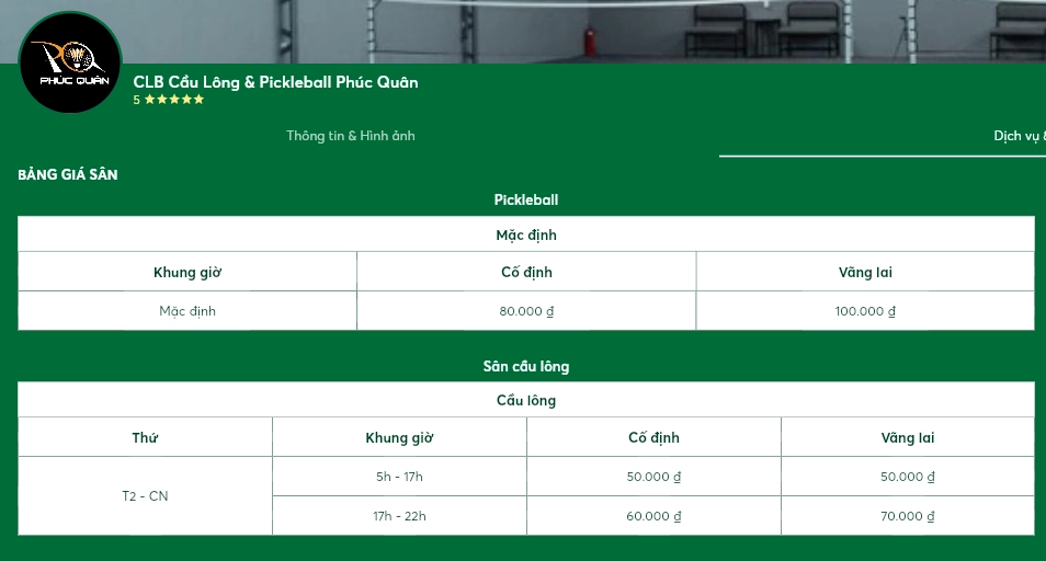 Bảng giá thuê sân cầu lông Phúc Quân
