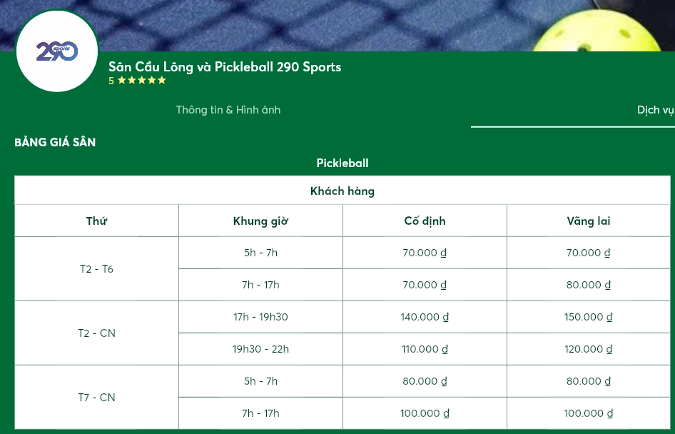 Giá thuê sân pickleball 290 Sports