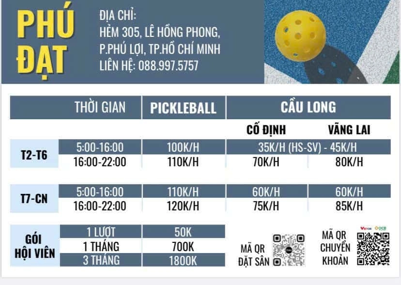 Bảng giá thuê sân cầu lông & Pickleball Phú Đạt Bình Dương