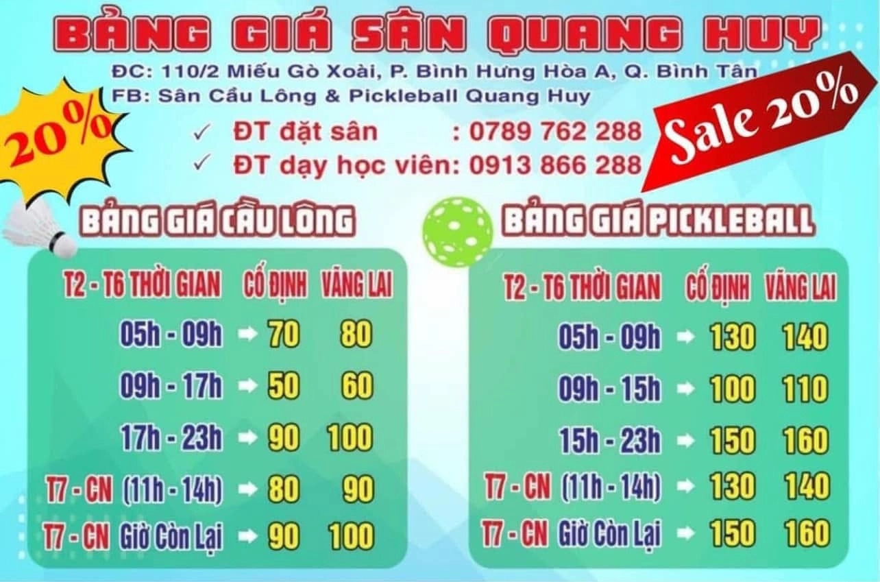 Bảng giá thuê sân cầu lông Pickleball Quang Huy