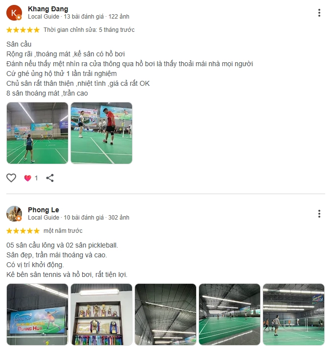 Đánh giá của người chơi tại sân cầu lông Pickleball Quang Huy