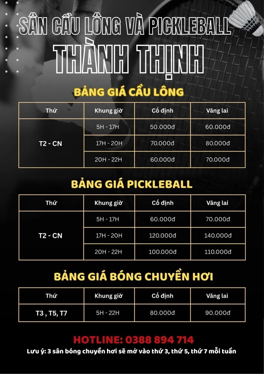 Giá thuê sân cầu lông & pickleball Thành Thịnh