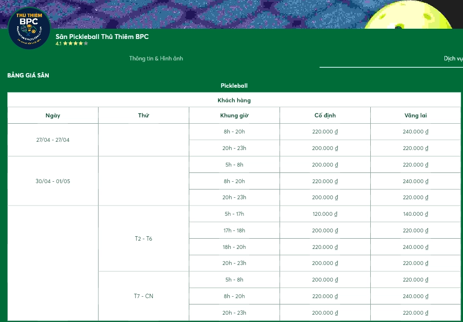 Giá thuê pickleball Thủ Thiêm BPC
