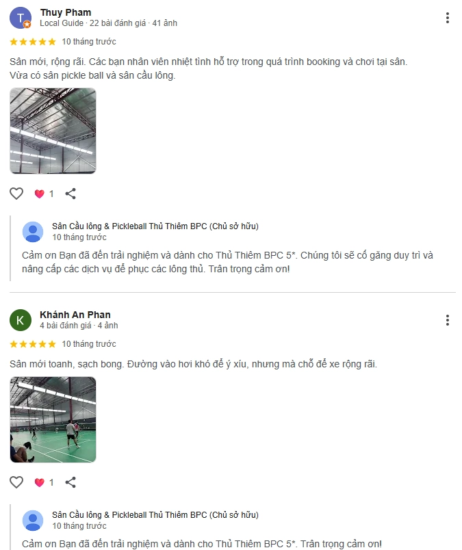 Đánh giá của người chơi tại sân cầu lông & pickleball Thủ Thiêm BPC