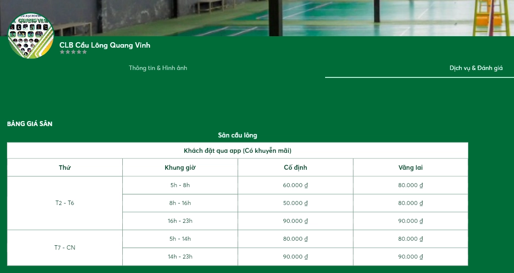 Bảng gái thuê sân cầu lông Quang VInh