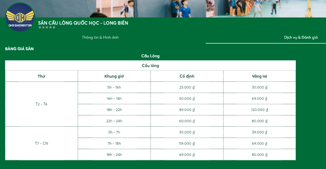 Bảng giá thuê sân cầu lông quốc học