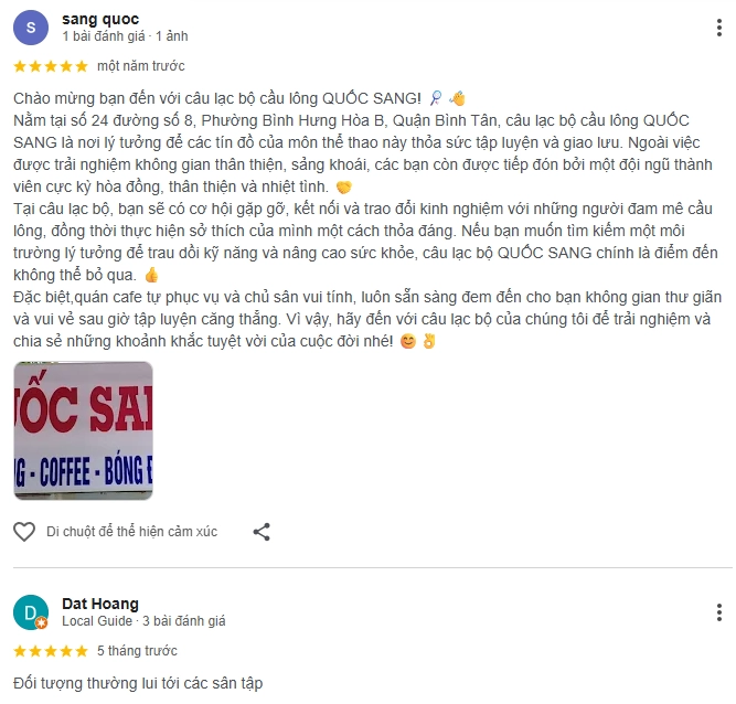 Đánh giá của người chơi tại sân cầu lông Quốc Sang