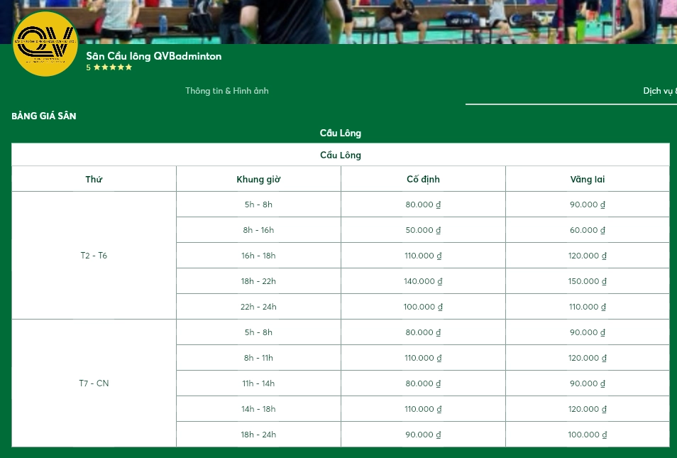 Bảng giá thuê sân cầu lông QVBadminton