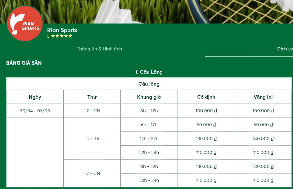 Giá thuê sân cầu lông Rian Sports