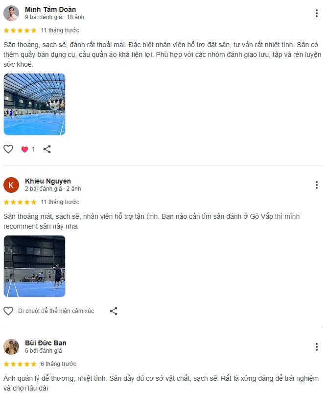 Đánh giá của người chơi tại sân cầu lông Rian Sports