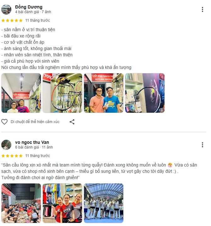 Đánh giá của người chơi tại sân cầu lông Rian Sports
