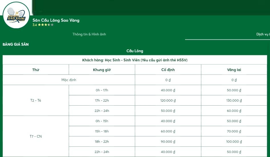 Bảng giá thuê sân cầu lông Sao Vàng Phạm Tu