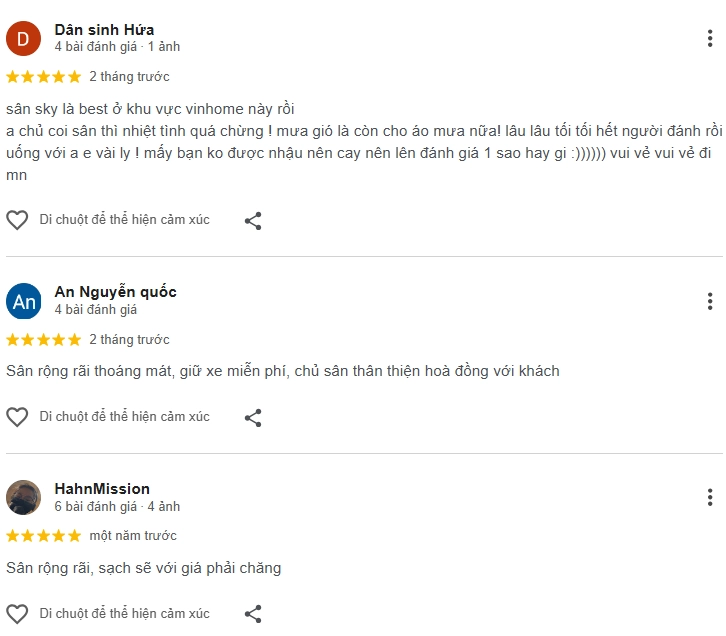 Đánh giá của người chơi tại sân cầu lông Sky Badminton