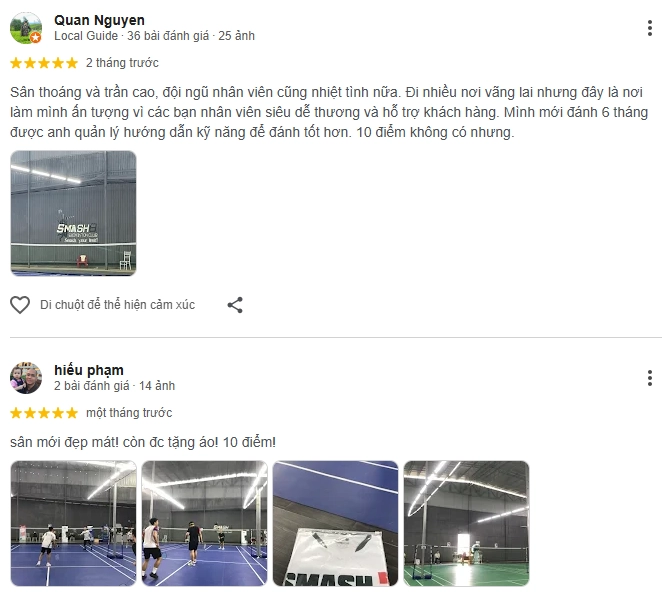 Đánh giá của người chơi tại sân cầu lông Smash8 2
