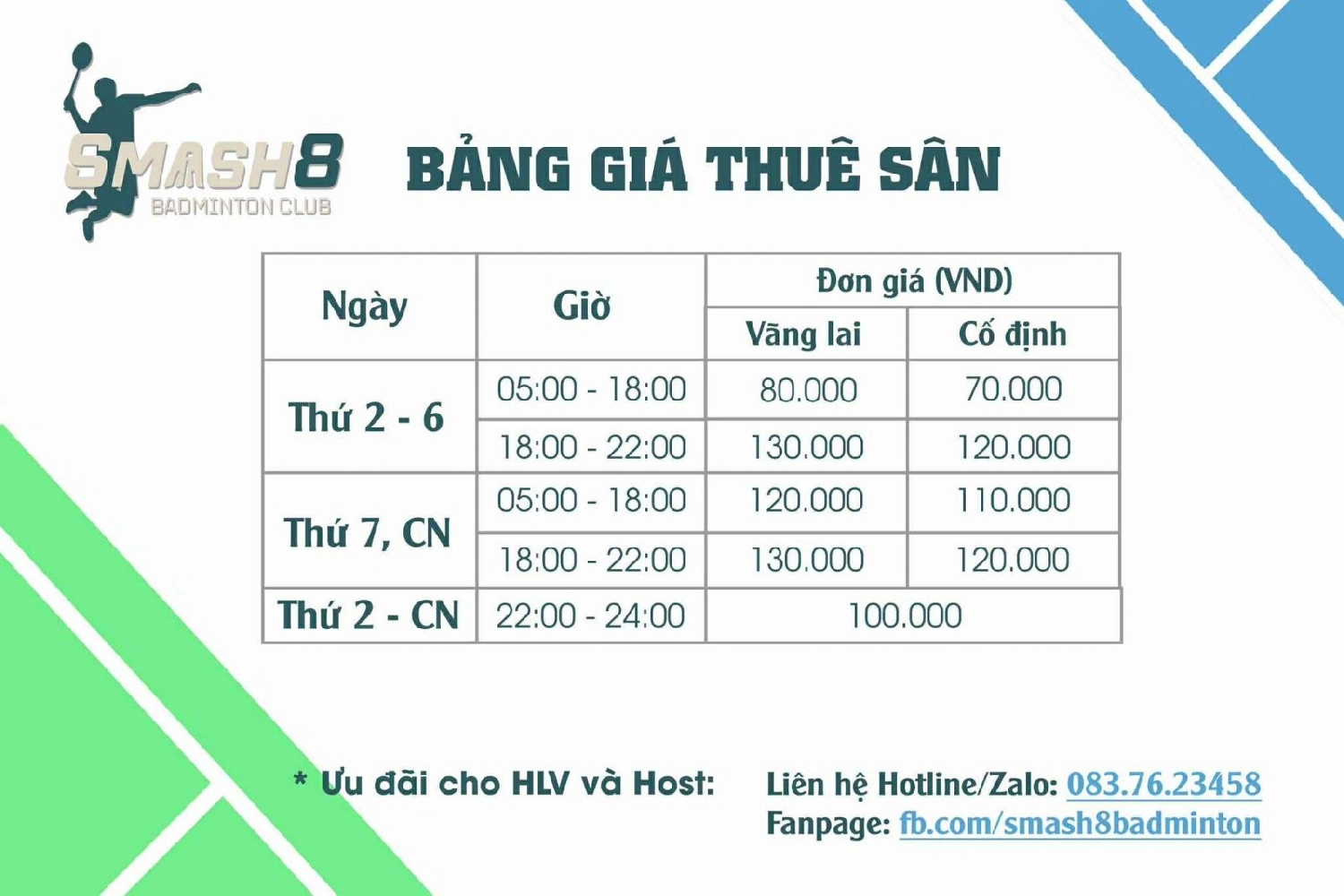 Bảng giá thuê sân cầu lông Smash8
