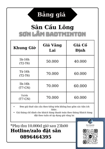 Bảng giá thuê sân cầu lông sơn lâm
