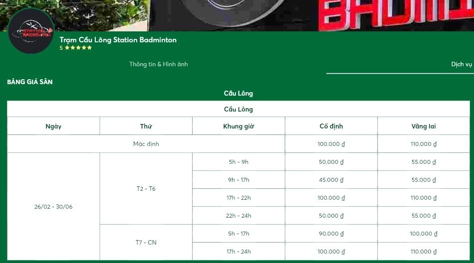 Bảng giá thuê ân cầu lông station badminton
