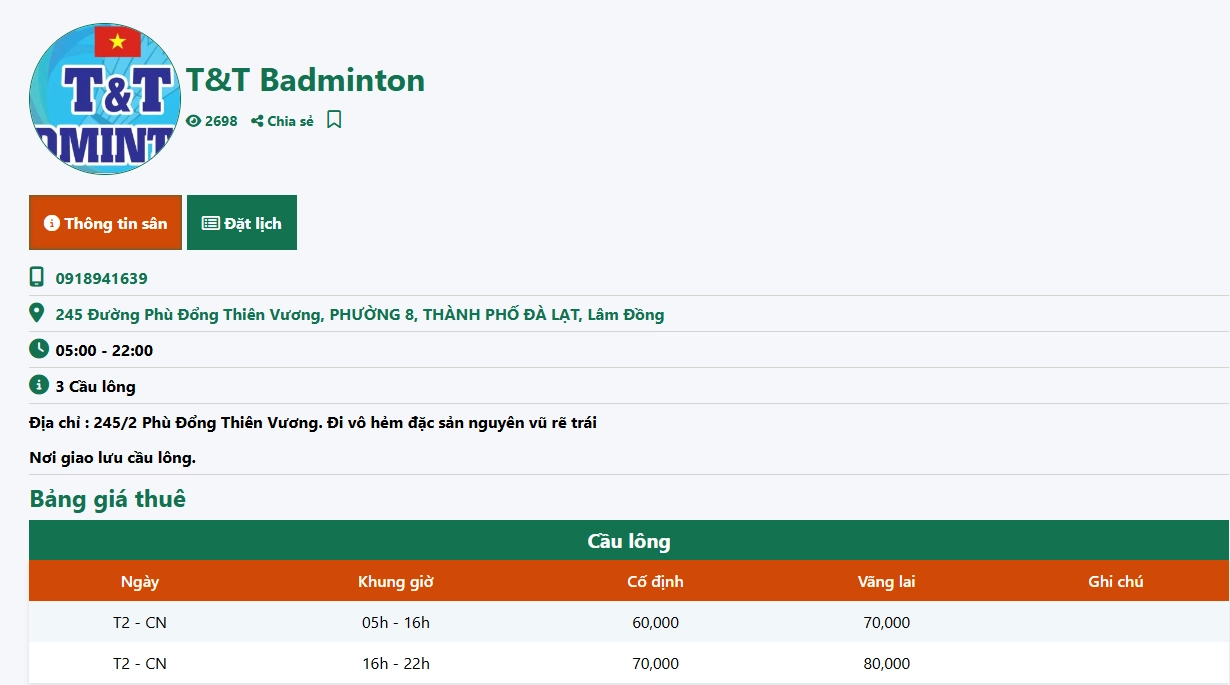 Giá thuê sân cầu lông T&T Badminton Lâm Đồng