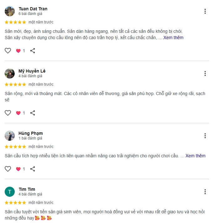 Đánh giá của người chơi tại sân Cầu Lông Tam Anh