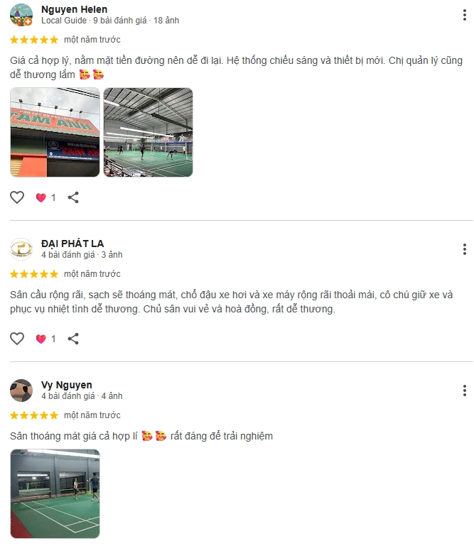 Đánh giá của người chơi tại sân Cầu Lông Tam Anh