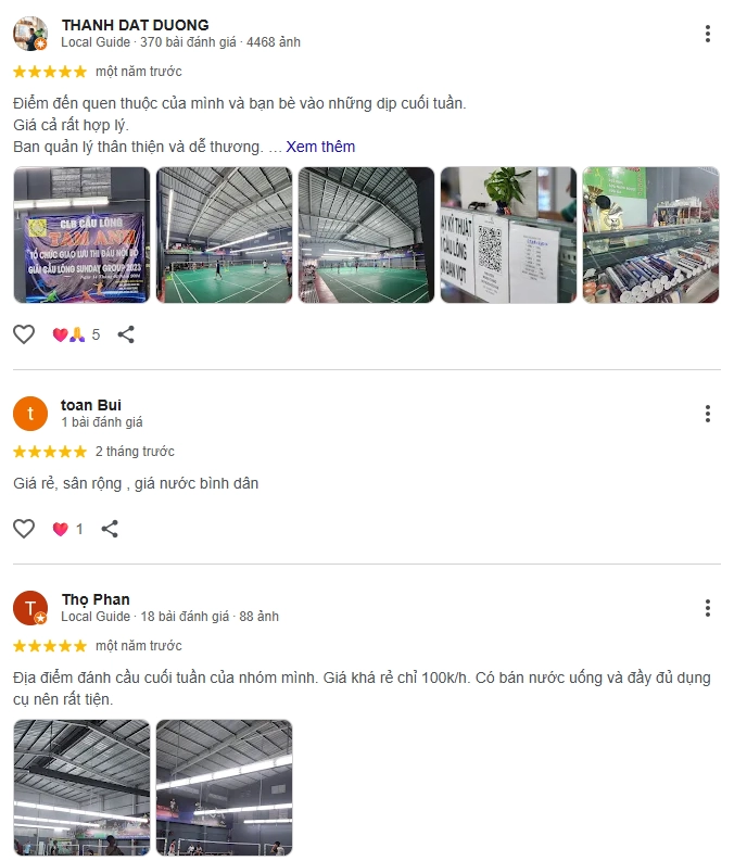 Đánh giá của người chơi tại sân Cầu Lông Tam Anh