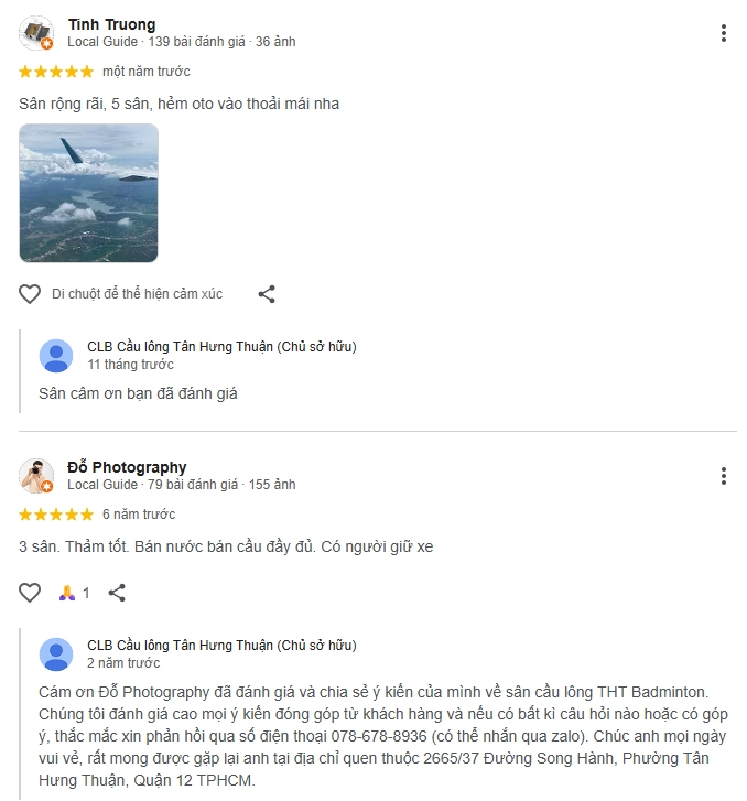 Đánh giá của người chơi tại sân Cầu Lông Tân Hưng Thuận