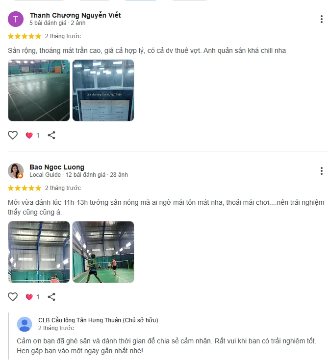 Đánh giá của người chơi tại sân Cầu Lông Tân Hưng Thuận