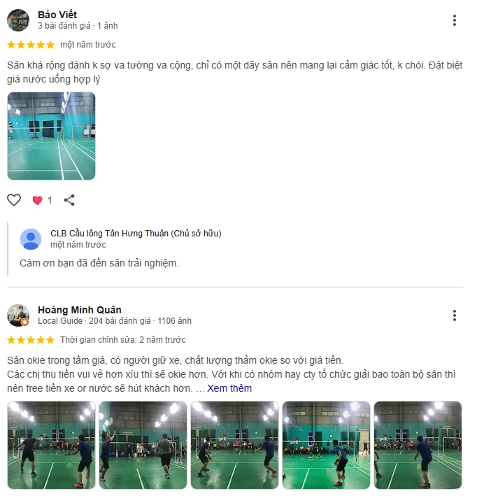Đánh giá của người chơi tại sân Cầu Lông Tân Hưng Thuận