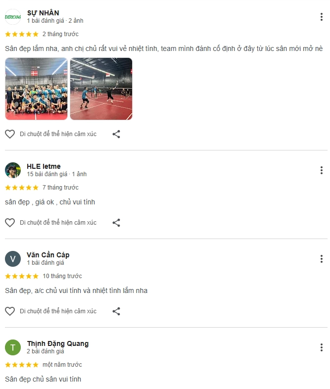 Đánh giá của người chơi tại sân cầu lông Tấn Nguyễn Academy