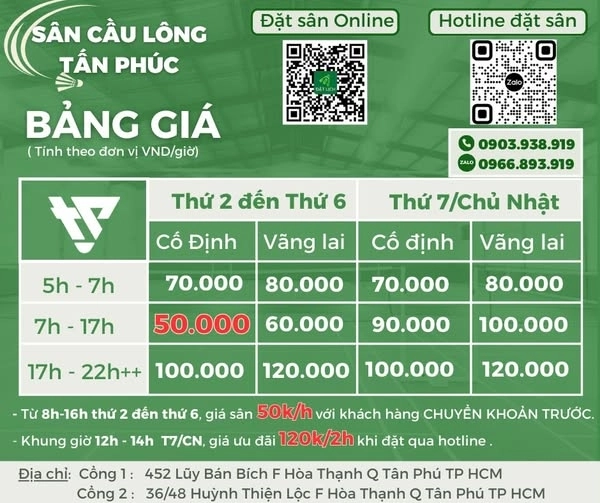 Giá thuê sân Cầu Lông Tấn Phúc