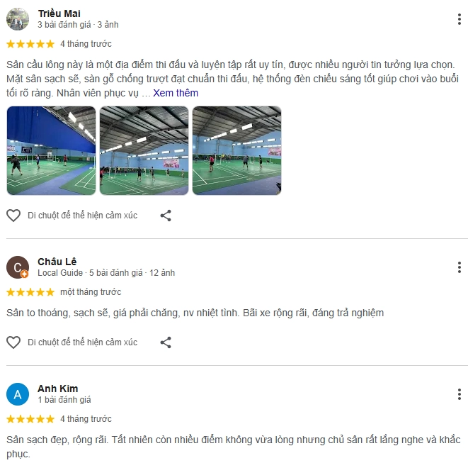 Đánh giá của người chơi tại sân Cầu Lông Tấn Phúc