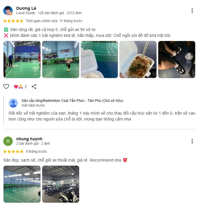 Đánh giá của người chơi tại sân Cầu Lông Tấn Phúc