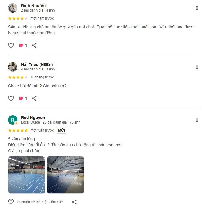 Phản hổi của người chơi về sân cầu lông Tân Tiến Thắng Quy Nhơn