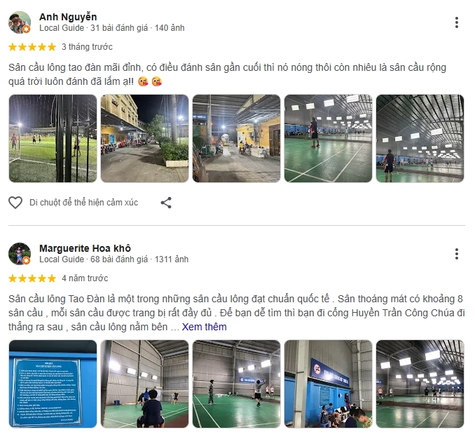Đánh giá của người chơi tại sân cầu lông Tao Đàn