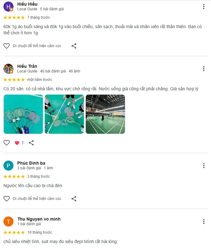 Đánh giá của người chơi tại sân cầu lông Thắng Lợi Bình Dương
