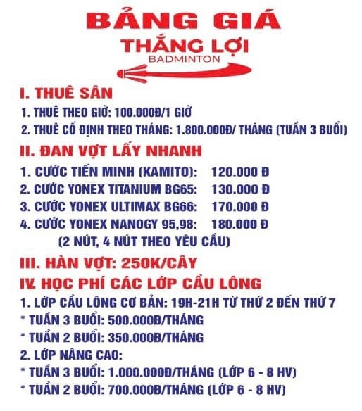 Giá dịch vụ tại sân cầu lông Thắng Lợi Huế