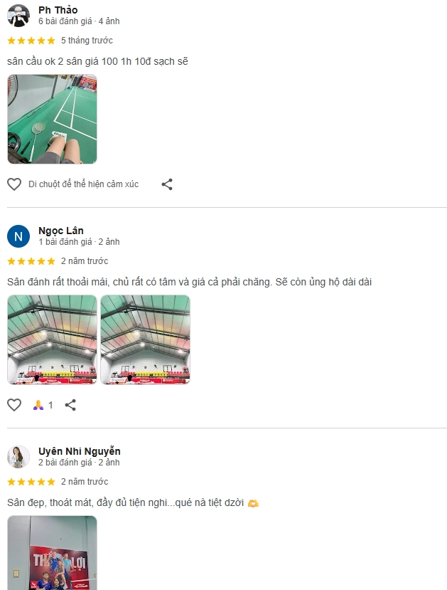 Đánh giá của người chơi tại sân cầu lông Thắng Lợi Huế