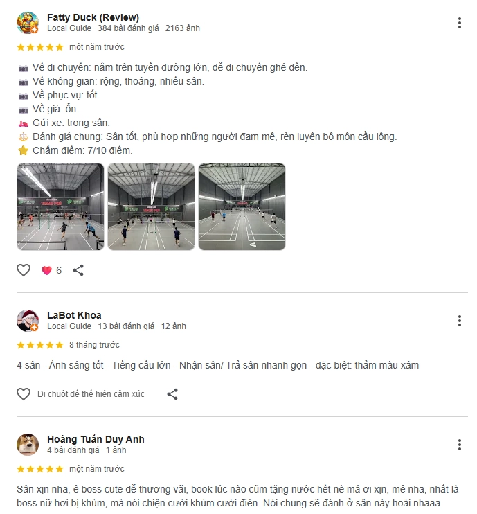 Đánh giá của người chơi tại sân cầu lông Thanh Phú