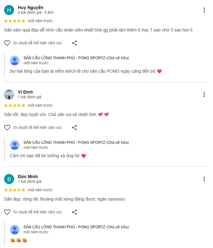 Đánh giá của người chơi tại sân cầu lông Thanh Phú
