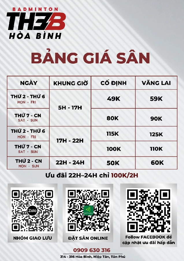 Giá thuê sân cầu lông The B Hoà Bình