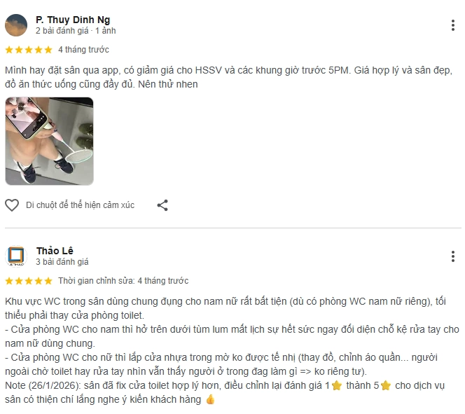 Đánh giá của người chơi tại sân cầu lông The B Hoà Bình