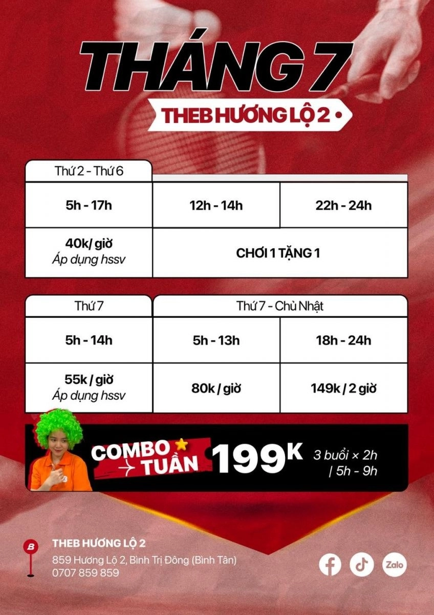 Bảng giá thuê sân cầu lông the b tháng 7