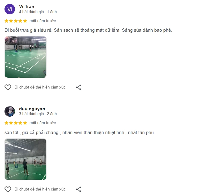 Đánh giá của người chơi tại sân cầu lông Thiên Khang