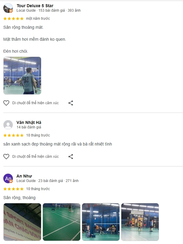 Đánh giá của người chơi tại sân cầu lông Tin Sport