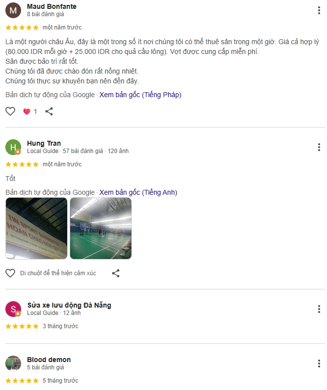 Đánh giá của người chơi tại sân cầu lông Tin Sport
