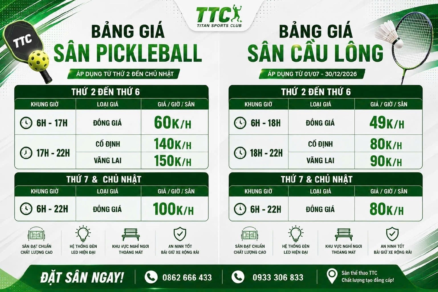 Bảng giá thuê sân cầu lông Titan TTC