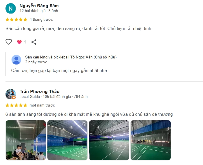 Đánh giá của người chơi tại sân cầu lông Tô Ngọc Vân