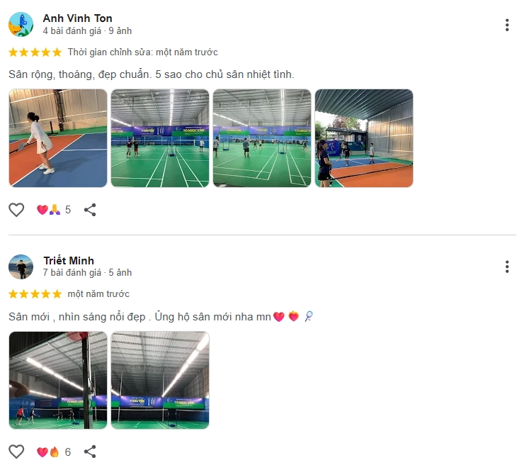 Đánh giá của người chơi tại sân cầu lông Tô Ngọc Vân